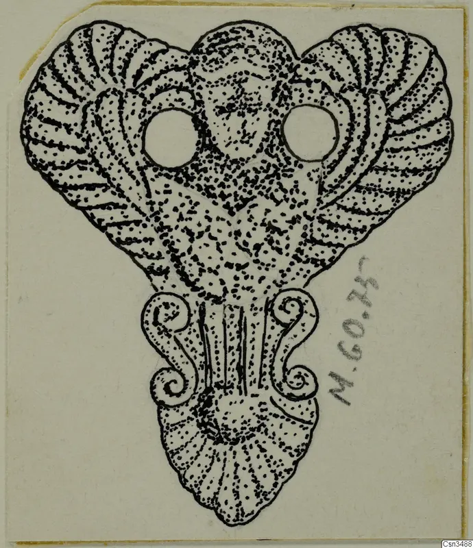 Drawing of a gold pendant with two round holes, ribbed fan-shaped lobes and spiral scrolls below