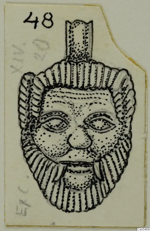 Field drawing of a gold pendant with a face framed by ridged hair or beard, with a tube-like loop at the top