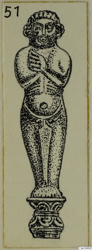 Drawing of a small standing figurine with arms folded across its chest, on a stepped base