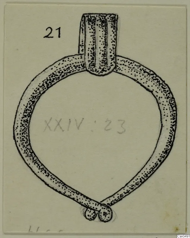 Pen drawing of a loop-shaped jewellery item with a tubular element at the top and two small knobs at the bottom