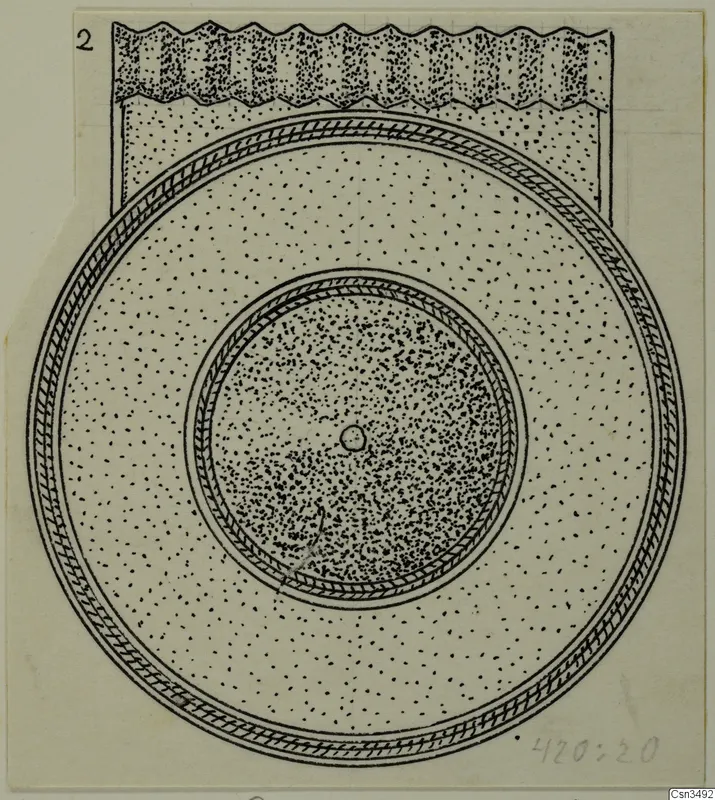 Field drawing of a round gold object from Lapithos, with hatched rims and a rectangular tab at the top.