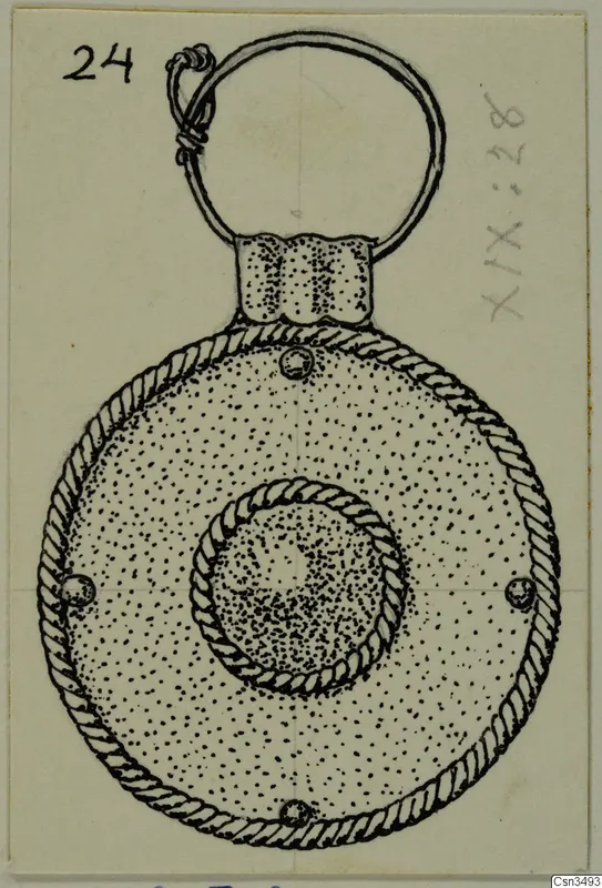 Field drawing of a disc-shaped pendant with a twisted-cord rim, a central boss and a loop at the top