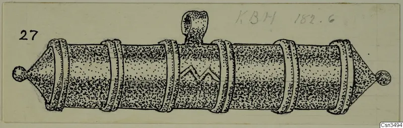 Pen drawing of a tubular object with six raised bands, a loop on top and knobbed ends.