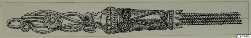 Ink drawing of a gold ornament with a looped end, a flower-shaped rosette, filigree spirals and twisted wire bands