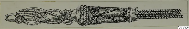 Ink drawing of a long gold ornament with a rosette loop at one end and twisted strands at the other