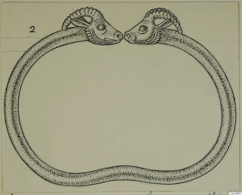 Ink drawing of a gold ring with two animal-head terminals facing each other at the top