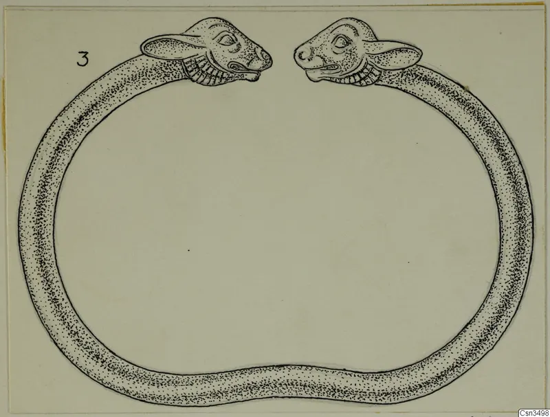 Drawing of a gold ring with two animal heads facing each other, from Vouni
