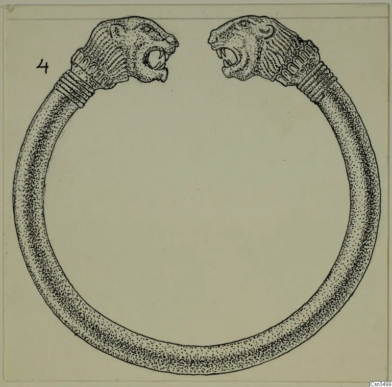 Drawing of an open gold ring with an animal head at each end