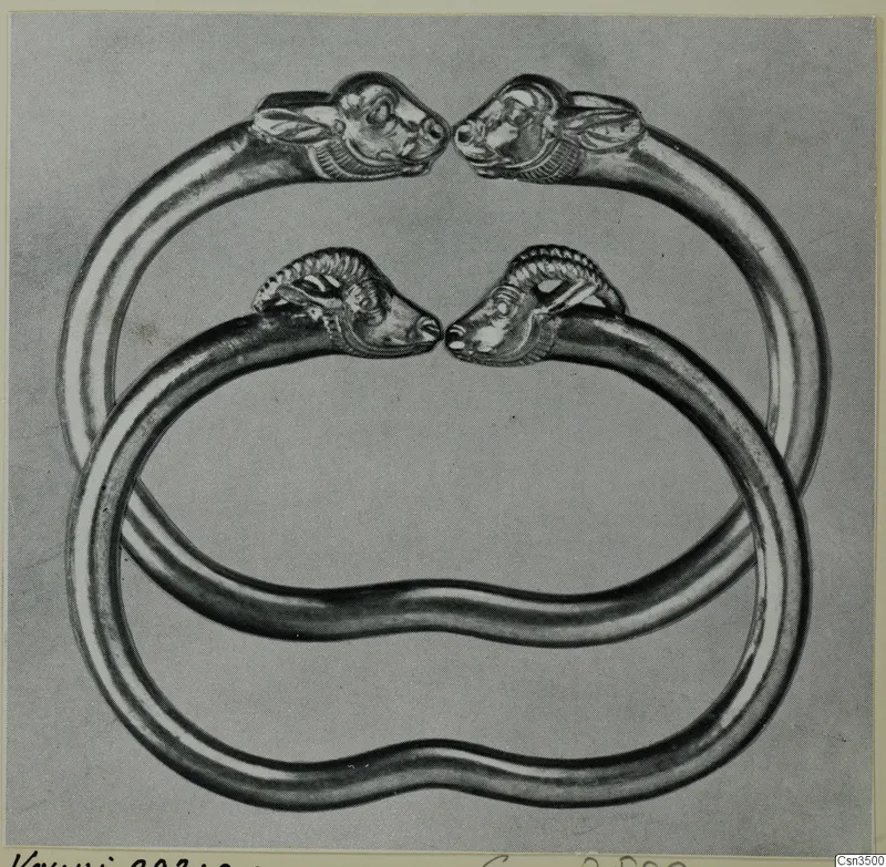 Two bracelets with animal-head terminals facing each other, interlocked, shown against a grey background.