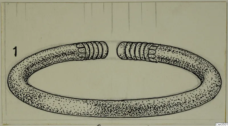 Drawing of an open gold ring with ridged bands at both ends