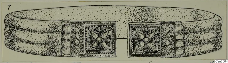 Ink drawing of a gold bangle with two decorated clasp plates at its join