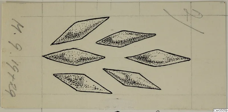 Drawing of six flat, lozenge-shaped objects outlined in black and shaded with stippling, on a grid-ruled card