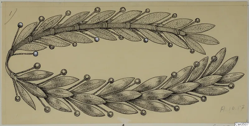 Drawing of a gold wreath of laurel-like leaves with round beads, from the finds of Amathus tombs 10–26