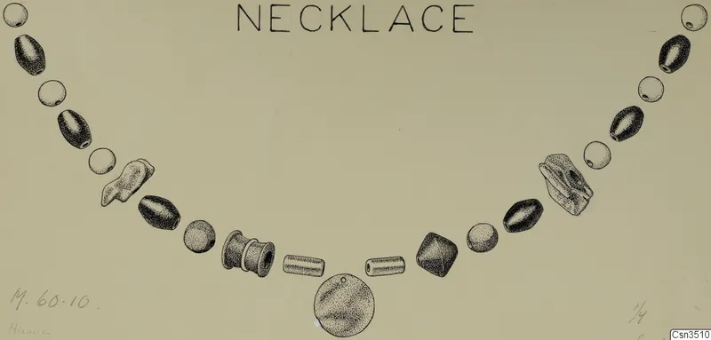 Drawing of a necklace of beads and pendants, with a disc pendant hanging at the centre