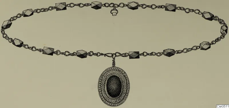 Drawing of a gold necklace with faceted beads and an oval pendant with a leaf-pattern border