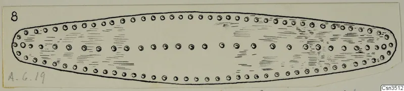 Field drawing of an elongated gold ornament with rows of small dots, from Amathus