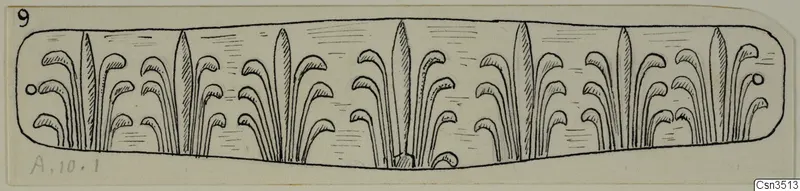 Line drawing of a gold diadem from Amathus: a long band with repeated fan-like motifs.