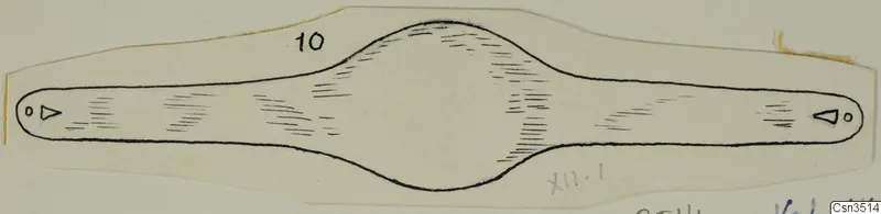 Pen drawing of an elongated object with a swollen centre, tapering to rounded ends with small marks at each end