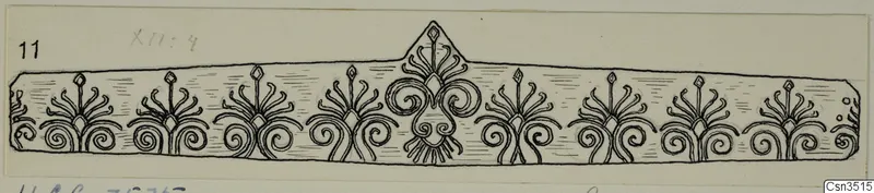 Ink drawing of a narrow gold band with repeated palmette and spiral motifs and a larger central motif.