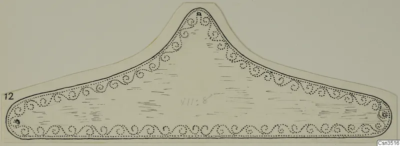 Ink drawing of a flat, pointed gold ornament with a dotted spiral border.