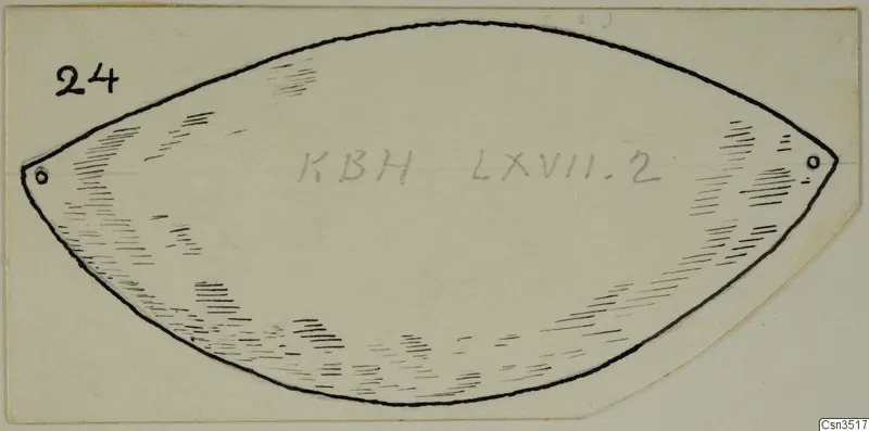Pen drawing of a flat, leaf-shaped piece of jewellery with a small hole at each pointed end