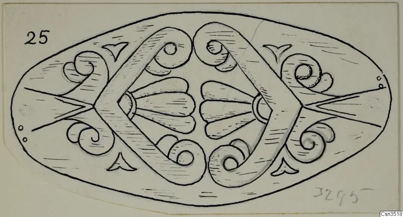 Line drawing of an oval ornament with symmetrical scrolls and fan-shaped motifs