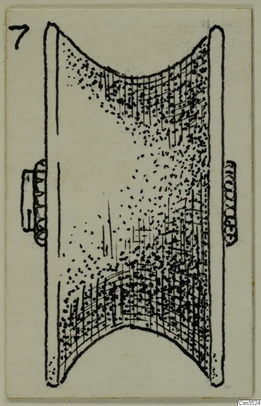 Drawing of a gold ornament: a hollow tubular piece with side fittings and stippled, cross-hatched surface
