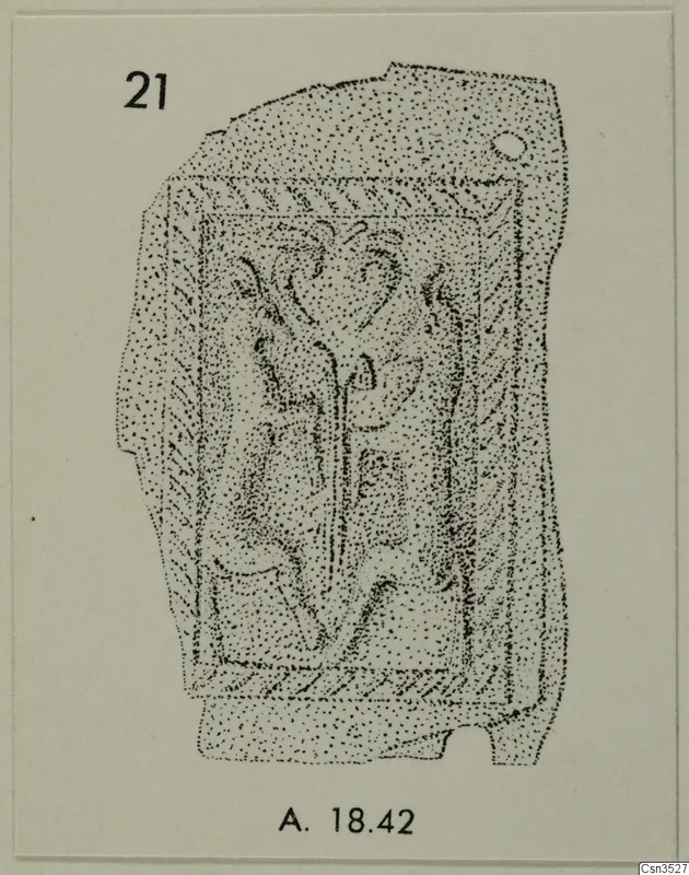 Drawing of a gold jewellery piece, a plaque-like object with a suspension hole and curving relief-like decoration
