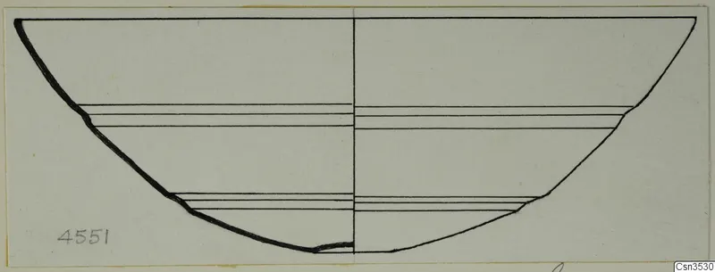 Section drawing in profile of a deep bowl, with a curved outline and horizontal lines marking bands on its interior.