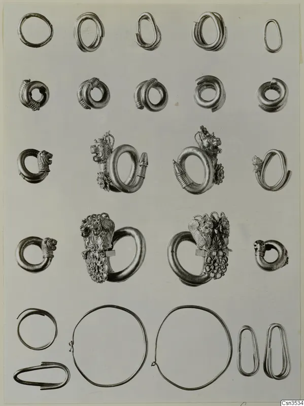 Plate of gold rings, bracelets and hoops laid out in rows, several with animal-head terminals and rosette ornament.