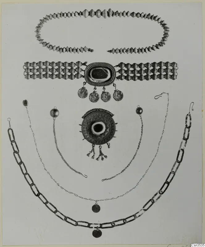 Jewellery laid out in rows: ribbed bead necklace, bead band with shell-shaped pendants, round pendant, fine chains and heavy link chain.