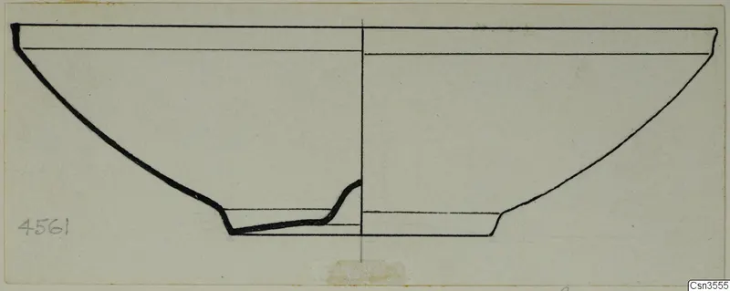 Section drawing of a bowl, showing its profile with a heavy outline on the left half and a thin one on the right.