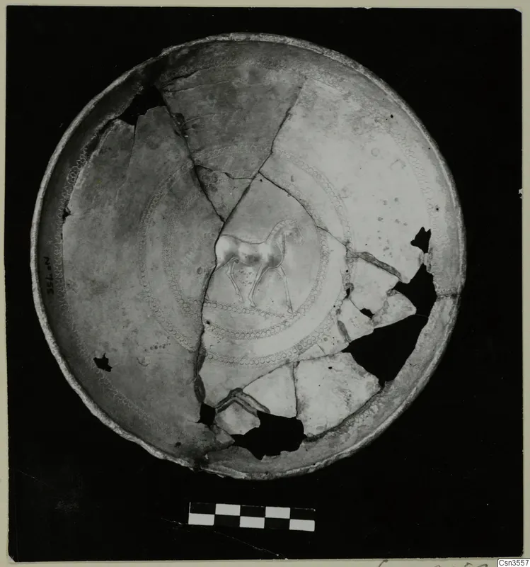 Broken bowl reconstructed from sherds, with a painted horse and concentric dotted rings on its inner surface