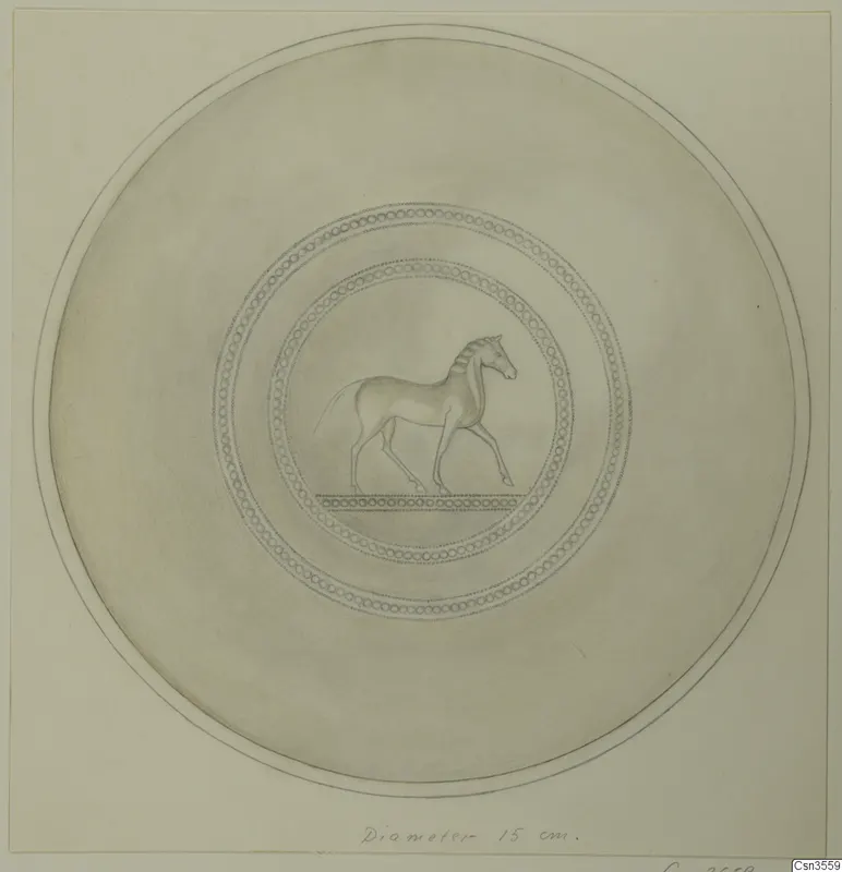 Drawing of a round bowl with a walking horse in a central panel framed by dotted rings
