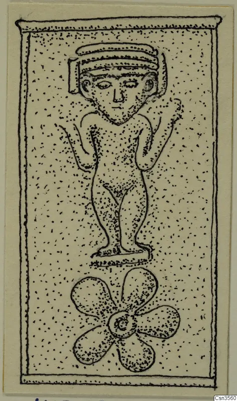 Drawing of a gold and silver plaque from the Kastros tombs at Lapithos, showing a standing figure above a four-lobed motif
