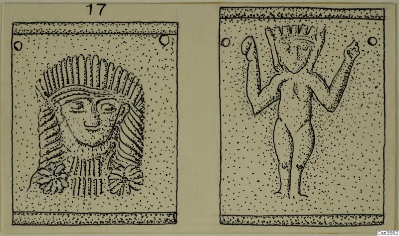 Drawing of two gold and silver plaques: a frontal face with radiating hair, and a nude standing figure with raised arms.