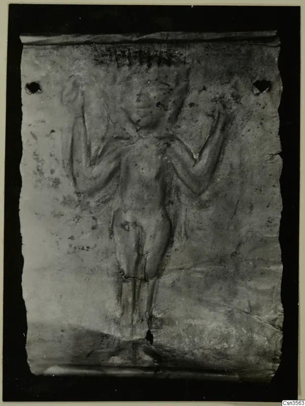 Thin metal sheet with a raised relief of a standing human figure with arms raised, from Lapithos