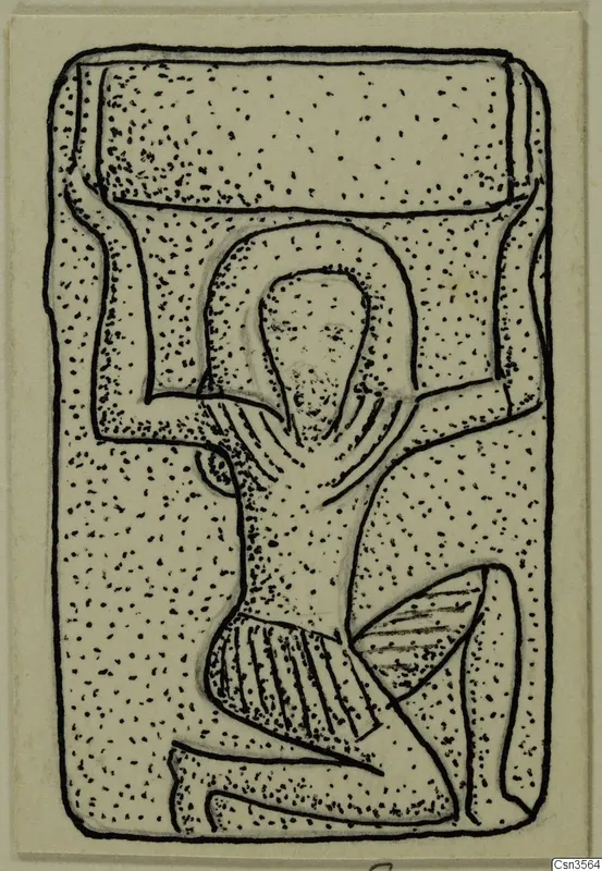 Ink drawing of a stylised figure with a rectangular top and hatched lower part, from Bronze Age gold and silver, type 2a,b,d