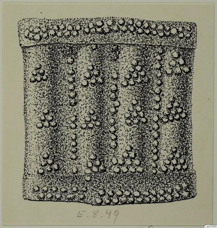 Stippled ink drawing of a metal object with rows of raised round bosses, from Enkomi