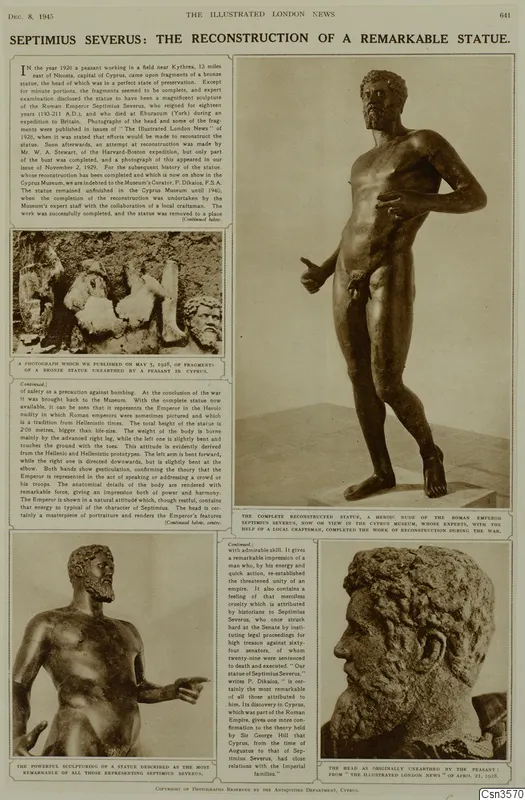 Printed page with photographs of a bronze statue of a standing male nude, fragments and a head, with article text