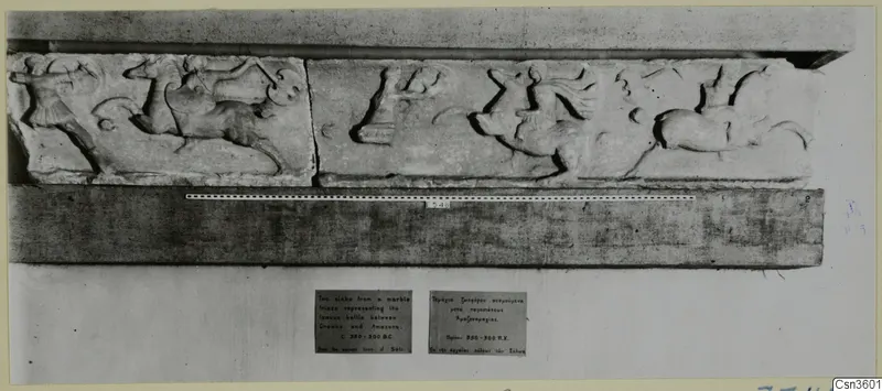 Two carved stone relief slabs showing horses and riders, with a scale bar and printed labels below