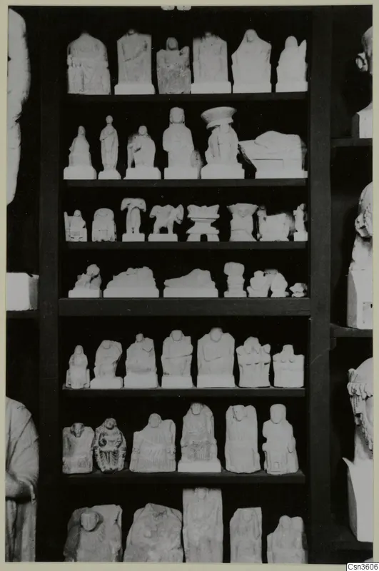 Rows of small limestone figures and fragments displayed on dark wooden shelves
