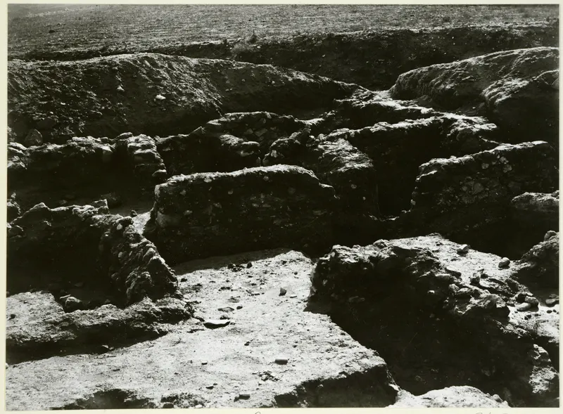 Excavated stone wall foundations and a stony floor surface in a dug area, seen from above.