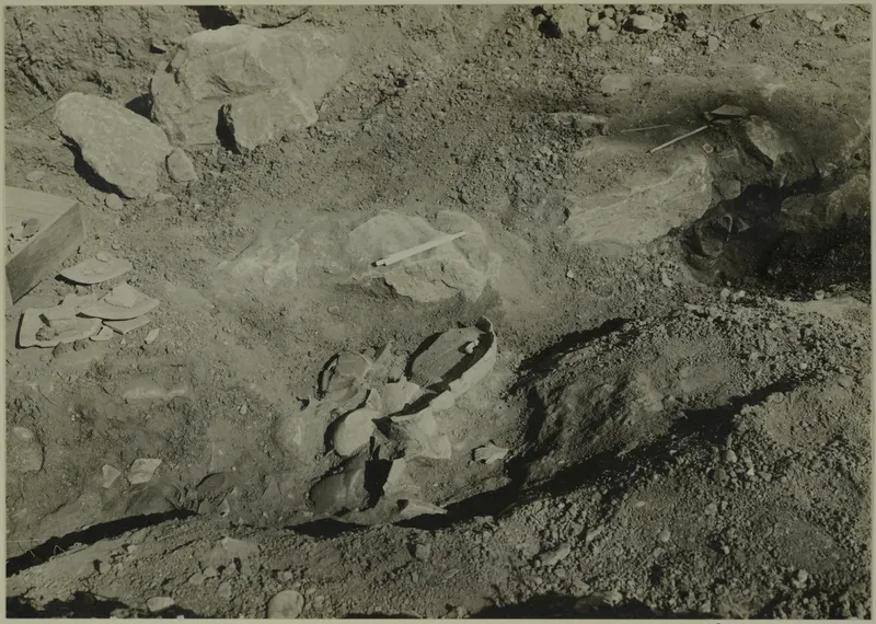Excavation trench with broken pottery sherds and a partly exposed vessel among stones and soil