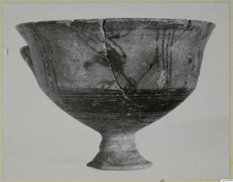 Pottery Bichrome III: a footed bowl with a flaring rim and dark painted bands on the body.