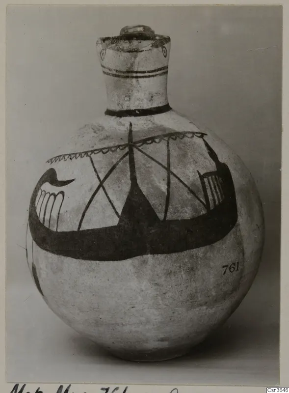Round pottery vessel with a tall collar neck and a black-painted ship motif on its body