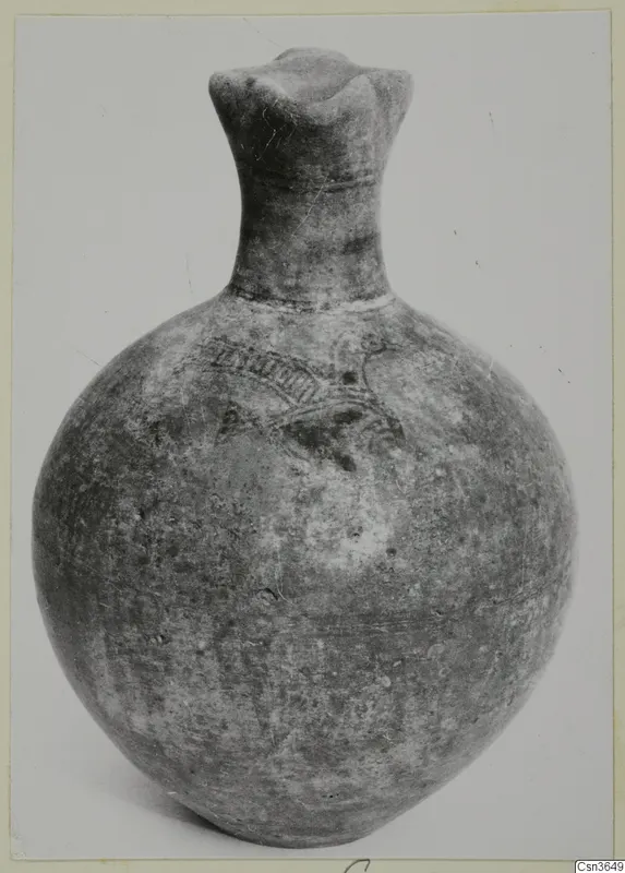Pottery Bichrome III: a round-bodied vessel with a narrow neck and flared rim, with a painted pattern band on the shoulder.