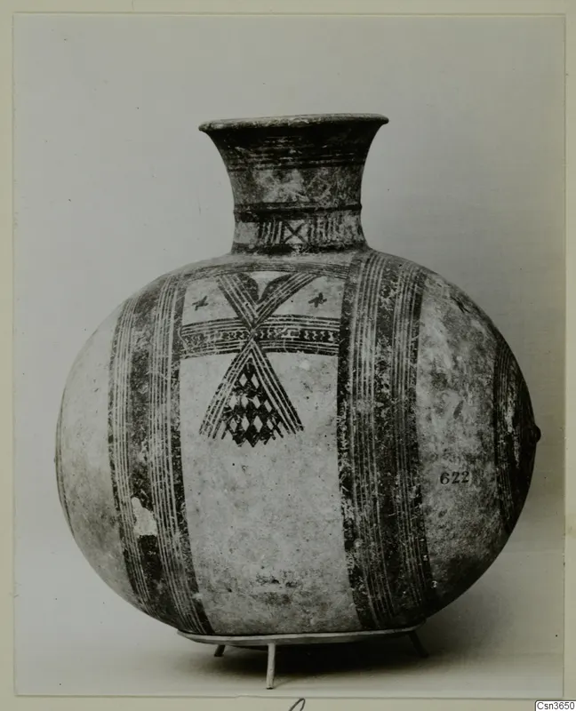 Pottery Bichrome III: round-bodied vessel with a flaring neck, painted bands and crossed motifs