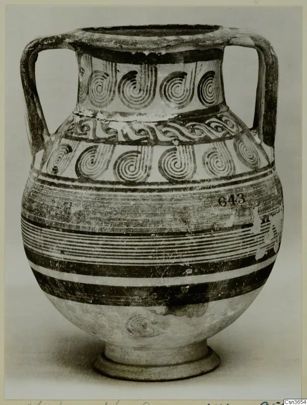 Two-handled pottery amphora-crater with spiral and band decoration, shown against a plain grey background