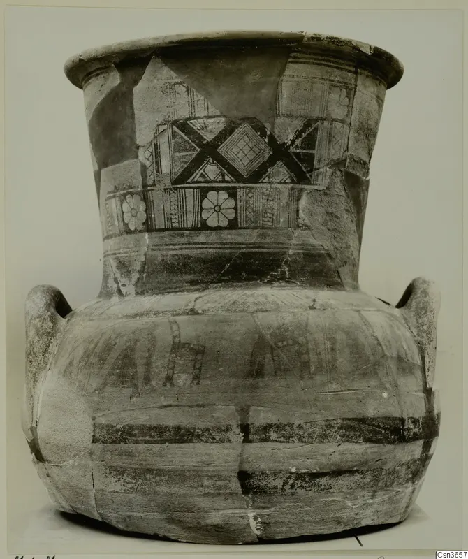 Painted pottery amphora-crater with a wide mouth, two handles and geometric and flower bands in dark paint on a pale surface.